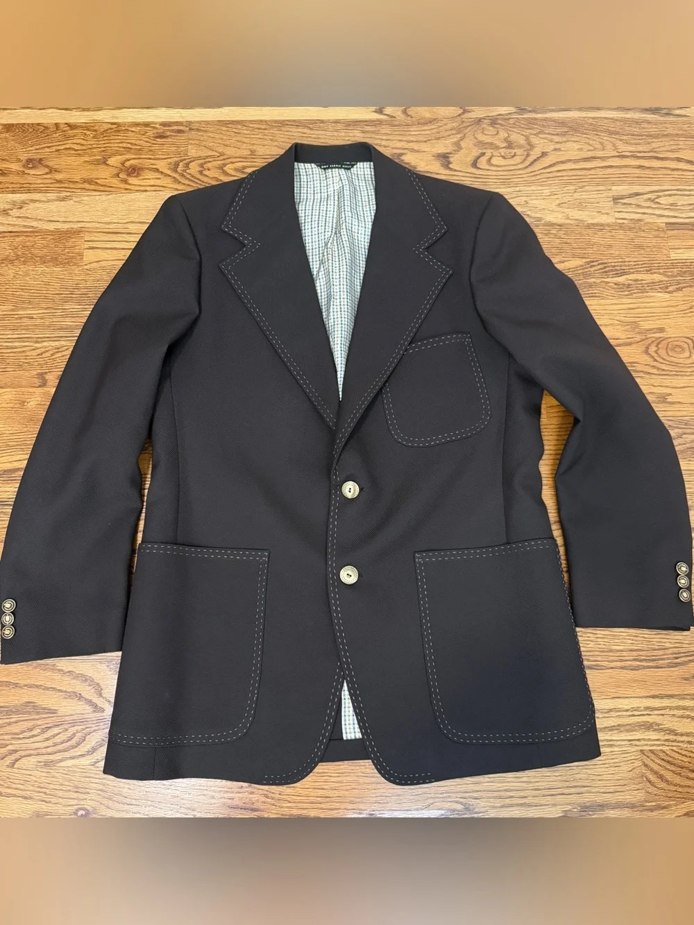 Vtg 70s Curlee Men’s Brown Polyester Suit Jacket Blazer Mod Stitching Sz 38R
